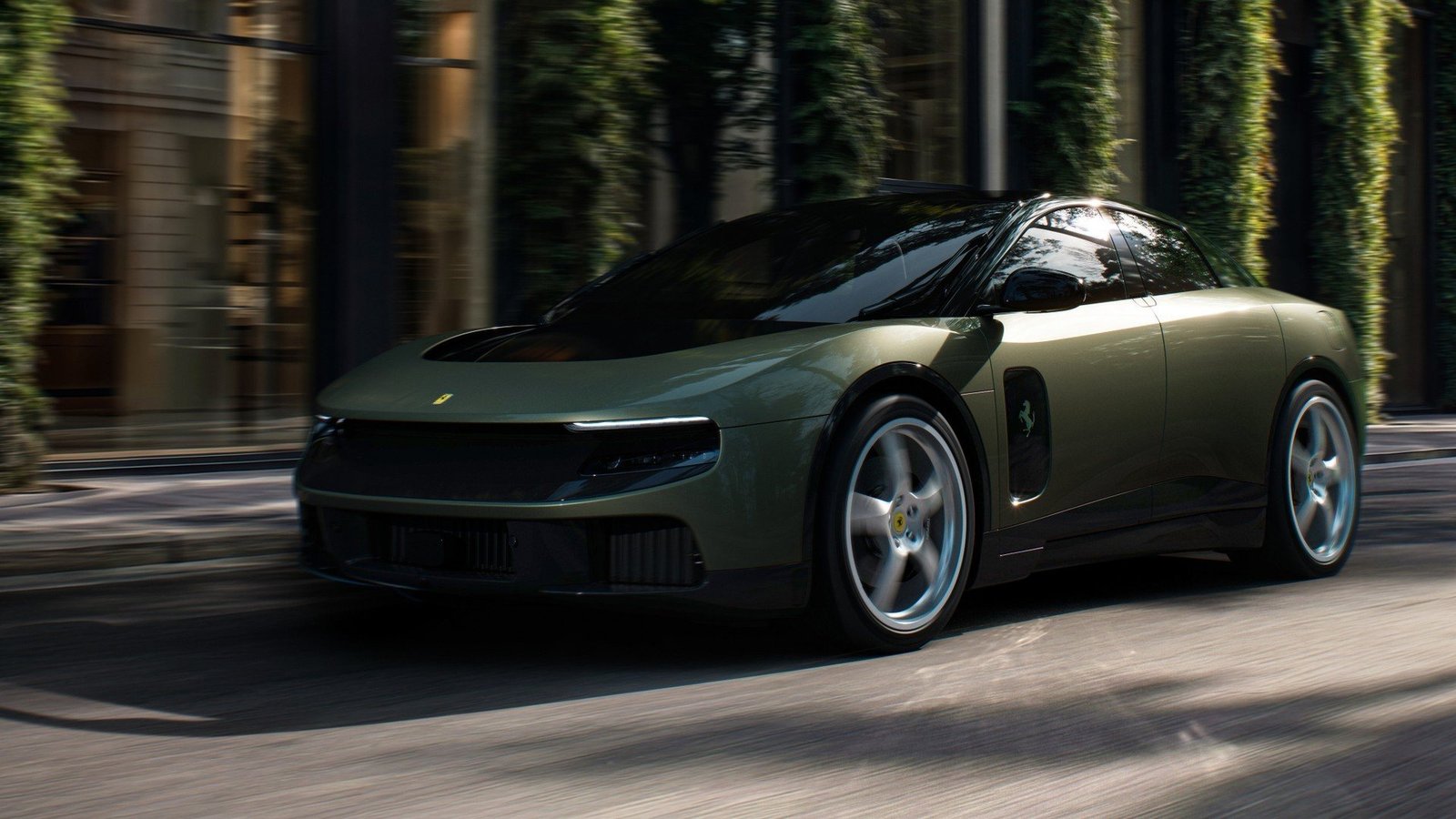 Ferrari Luce verde em movimento numa rua arborizada